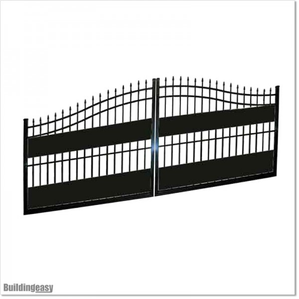 Black Arch Top Covered Double Swing Gates 4.3M Wide and 1.8M High.