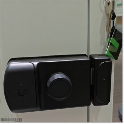 Locks is battery operated. Works with APP, Password, Fingerprint, Mechanical Key and IC Card