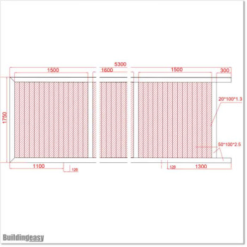 Gate is 5.3M wide and gate height is 1.8M. Gate fits 5.0M post gap